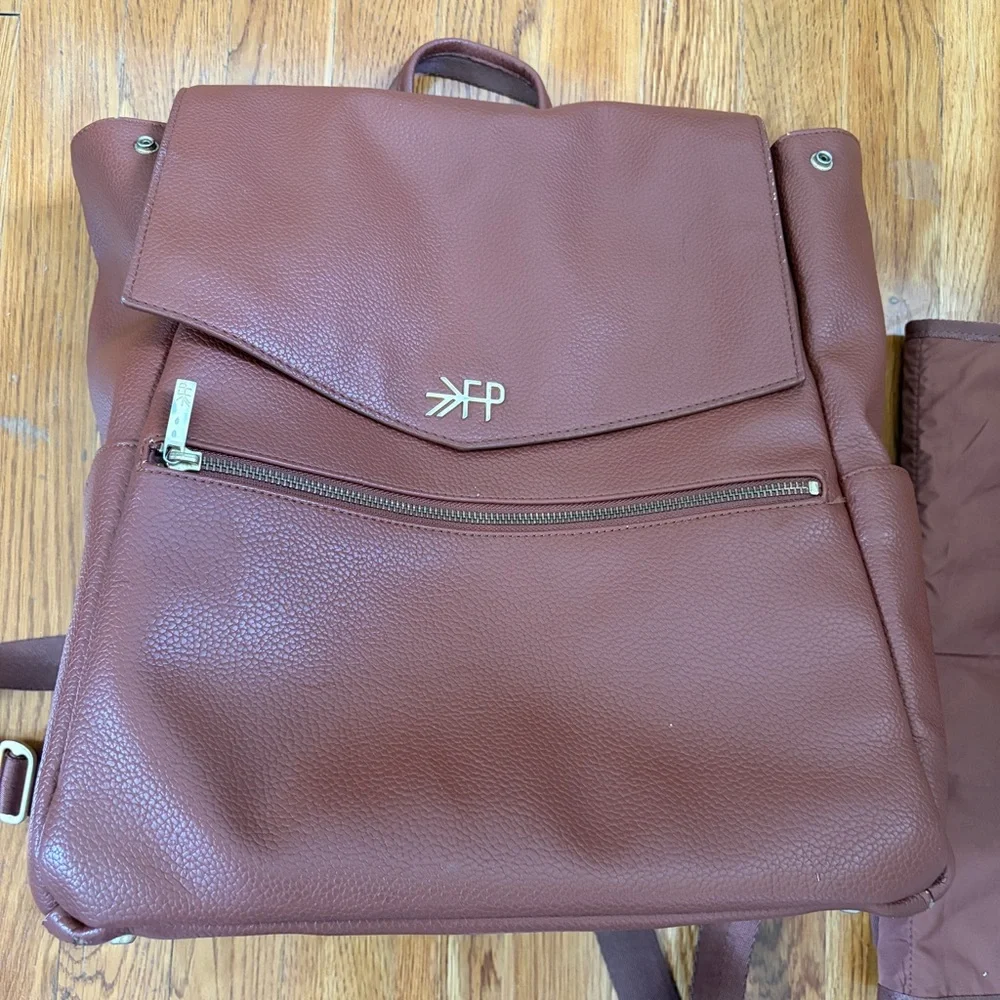 Freshly Picked Chestnut Brown Pebbled Leather Baby Backpack with Changing Pad